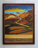 original oil painting of colorful mountains and plains with colorful clouds in sky framed in complementary wood frame