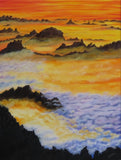 18x24" original oil painting of brilliant sunset sky with mountains rising out of layers of clouds unframed