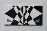 original acrylic painting meaures 12" tall x 24" wide, black and white abstract geometric forms with some coarsely textured shapes