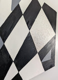 original acrylic painting meaures 12" tall x 24" wide, black and white abstract geometric forms with some coarsely textured shapes