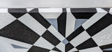 original acrylic painting meaures 12" tall x 24" wide, black and white abstract geometric forms with some coarsely textured shapes showing top edge