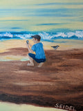 9x12 original oil painting, crane by the seashore pastel sky and reflections on the ocean, unframed, showing closeup of photographer