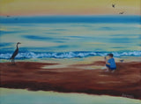 9x12 original oil painting, crane by the seashore pastel sky and reflections on the ocean
