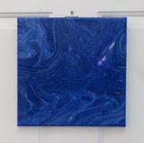 abstract acrylic liquid art on 12x12" canvas, rich blues, purples and white accents