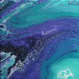 abstract liquid acrylic paint on 12x12" canvas, blues, greens and purples mix and flow in endless movement, can display in various directions