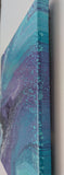 abstract liquid acrylic paint on 12x12" canvas, blues, greens and purples mix and flow in endless movement, can display in various directions, right side