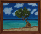 original acrylic painting of Divi tree on beach by beautiful ocean, framed