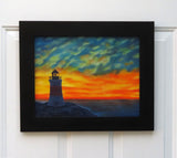 original oil painting of Erie Pierhead light house silhouetted by beautiful sunset and clouds, painted on 11 x 14 canvas panel, framed in modern black frame