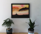 18" tall x 24" wide original oil painting, pastel pallette, beautiful mists in mountains, climber, framed in black, displayed on wall over table