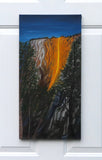 original oil painting on 12x24 vertical canvas brilliant reflection of sunset on Horsetail waterfall in Yosemite National Park