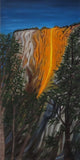 original oil painting on 12x24 vertical canvas brilliant reflection of sunset on Horsetail waterfall in Yosemite National Park