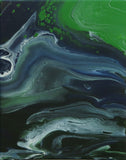 abstract poured acrylic painting on 11x14" canvas, flowing blues, greens and white create movement