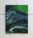 abstract poured acrylic painting on 11x14" canvas, flowing blues, greens and white create movement