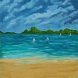 original oil painting on deep cradle canvas of turquoise ocean, sandy beach with mountins in the distance and sailboats