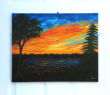 original oil painting, vibrant sunset, lake, trees paragliders flying home