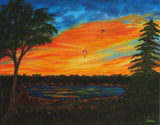 original oil painting, vibrant sunset, lake, trees paragliders flying home