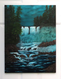original oil painting with misty waterfalls contrasting dark woods and rushing water