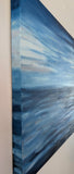 24x24" deep cradle original oil painting featuring an abstract serene blue ocean horizon with soft pastel sky,showing the painted left side