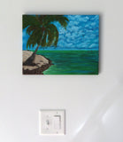 original oil painting of tropical island, kayakers on ocean, palm tree on sandy beach