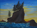 original oil painting, ocean, seastacks, evergreens at sunset, unframed