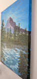 original oil painting, mountain, rushing river, evergreens, unframed, showing painted right side