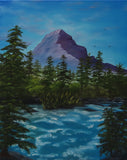 original oil painting, mountain, rushing river, evergreens, unframed