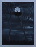 original acrylic painting, black and white, moon, bird silhouette, brushed aluminum frame