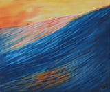original oil painting of a single huge colorful ocean wave under a bright sunset sky painted on sides