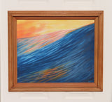 original oil painting of a single huge colorful ocean wave under a bright sunset sky 20x24 framed