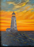 original oil painting, lighthouse, rocky shore, colorful sunset, framed close up of the lighthouse