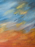 original oil painting, lighthouse, rocky shore, colorful sunset, framed, close up of the birds