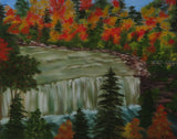 painting of bright autumn colors contrast with evergreens and waterfalls