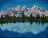 original oil painting, mountains in Denali, reflected in water, unframed