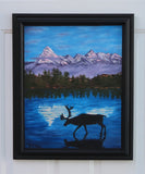 original oil painting, moose, lake, mountains, framed