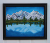 original oil painting, mountains in Denali, reflected in water, framed