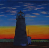 original oil painting, sunset, wispy clouds, ocean, lighthouse, unframed
