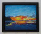 original oil painting, sunset sky reflected in ocean and sand, waves, romantic walk, paragliders, framed