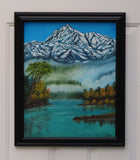 original oil painting, fog, lake, Denali mountains, framed