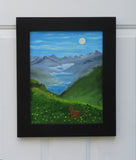 Original oil painting of a misty morning in the mountains, moon, lakes, deer in meadow, framed