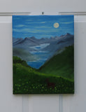 Original oil painting of a misty morning in the mountains, moon, lakes, deer in meadow, unframed