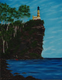 original oil painting, lighthouse on cliff, ocean, people heading to work, unframed