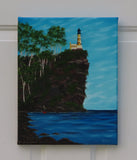 original oil painting, lighthouse on cliff, ocean, people heading to work, unframed