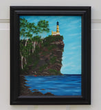 original oil painting, lighthouse on cliff, ocean, people heading to work, framed