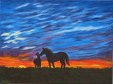 original oil painting, mare and foal in field at sunset, deep cradle canvas, unframed