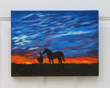 original oil painting, mare and foal in field at sunset, deep cradle canvas, unframed