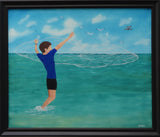 original oil painting, beautiful ocean colors, boy net fishing, seagulls and pelican interested, framed
