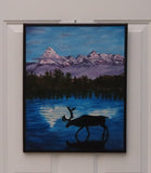 original oil painting, moose, lake, mountains, unframed, black paintd border