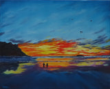 original oil painting, sunset sky reflected in ocean and sand, waves, romantic walk, paragliders, unframed