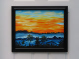 original oil painting, brilliant sunrise over misty mountains and trees, framed