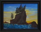 original oil painting, ocean, seastacks, evergreens at sunset, framed